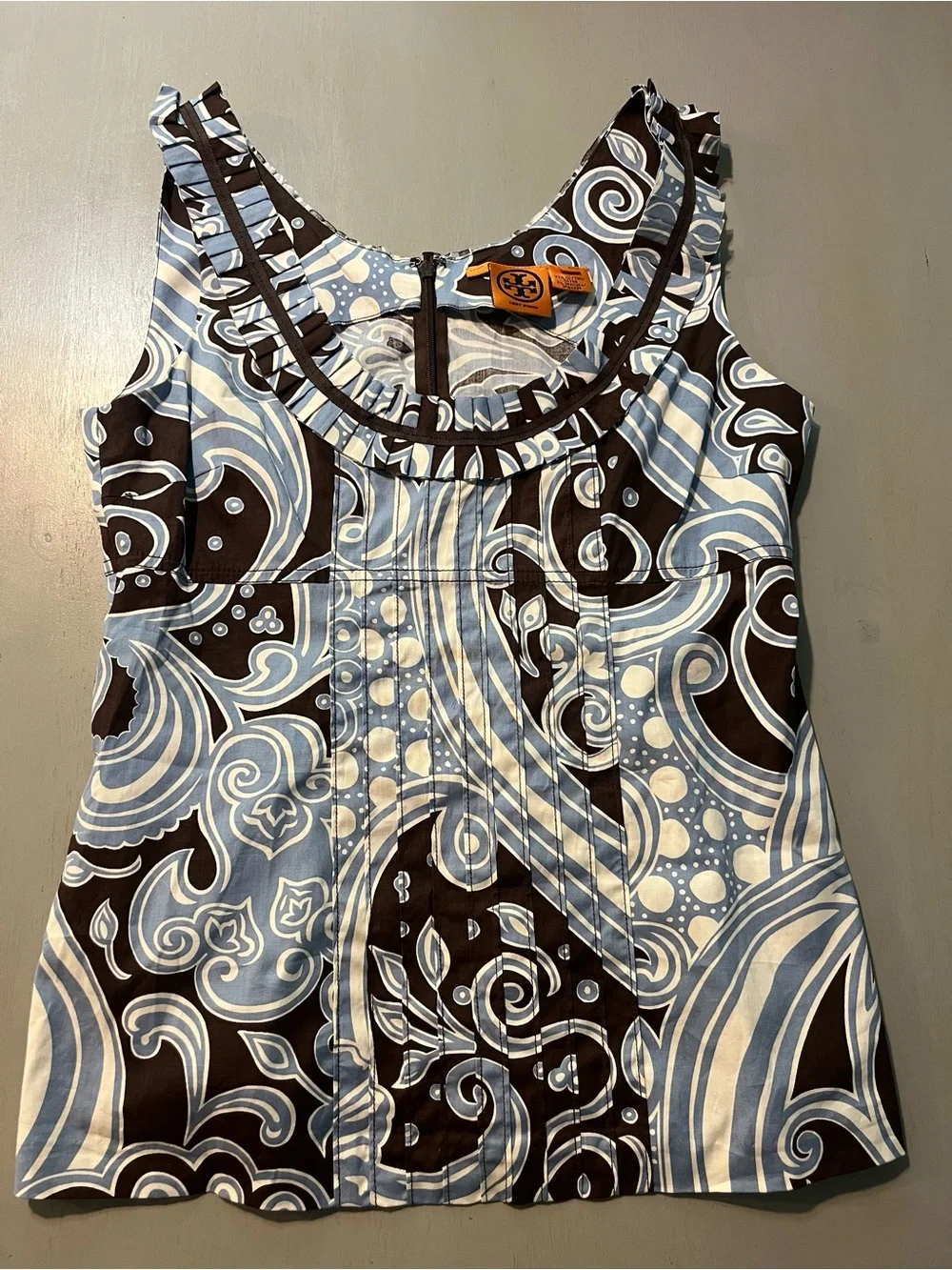 Tory Burch Blue & Brown Paisley Sleeveless Cotton Blouse - Size 8